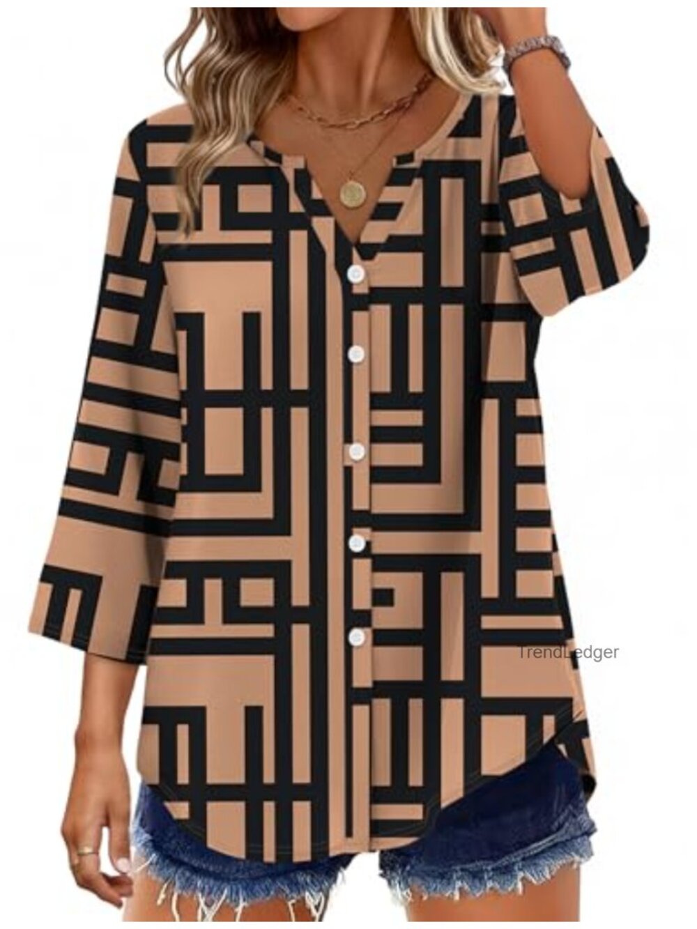 Women's 3/4 Sleeve V-Neck Button Down Blouse Loose Fit Business Casual